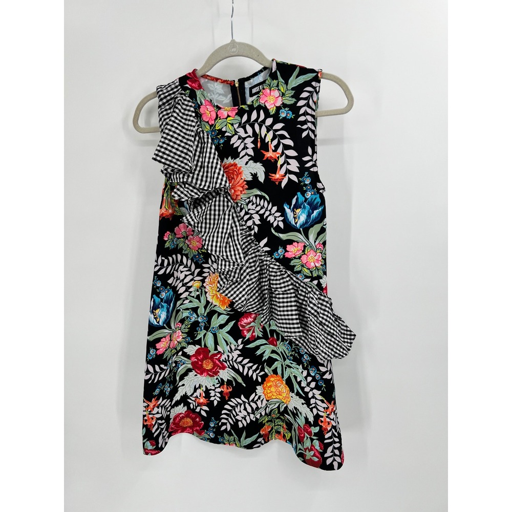 House of Holland Floral Gingham‎ Ruffle Mini Dress Black Multi US 2